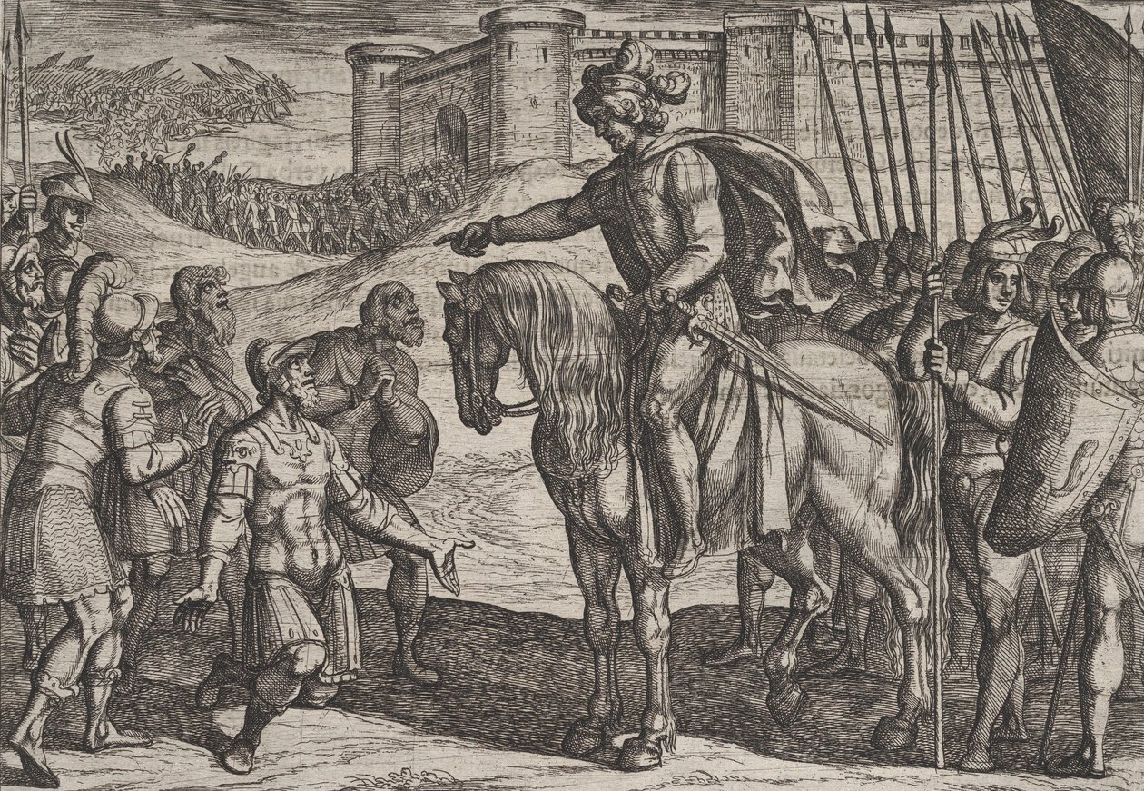 Tafel 19: Männer von der Festung ergeben sich und schwören Civilis die Treue, aus Der Krieg... von Antonio Tempesta