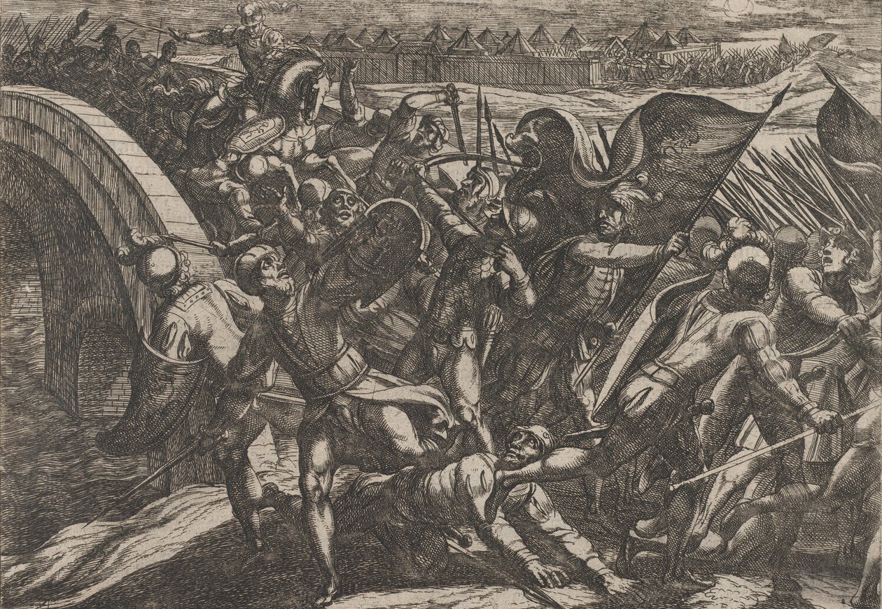 Tafel 27: Die Niederländer während eines Überraschungsangriffs auf das römische Lager an der Mosel, aus The Wa..., 1611 von Antonio Tempesta