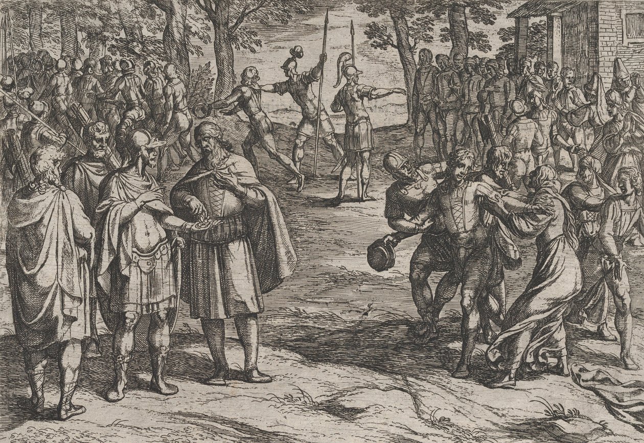 Tafel 2: Die Römer nehmen alte niederländische Männer als Geiseln und verführen junge, aus Der Krieg... von Antonio Tempesta