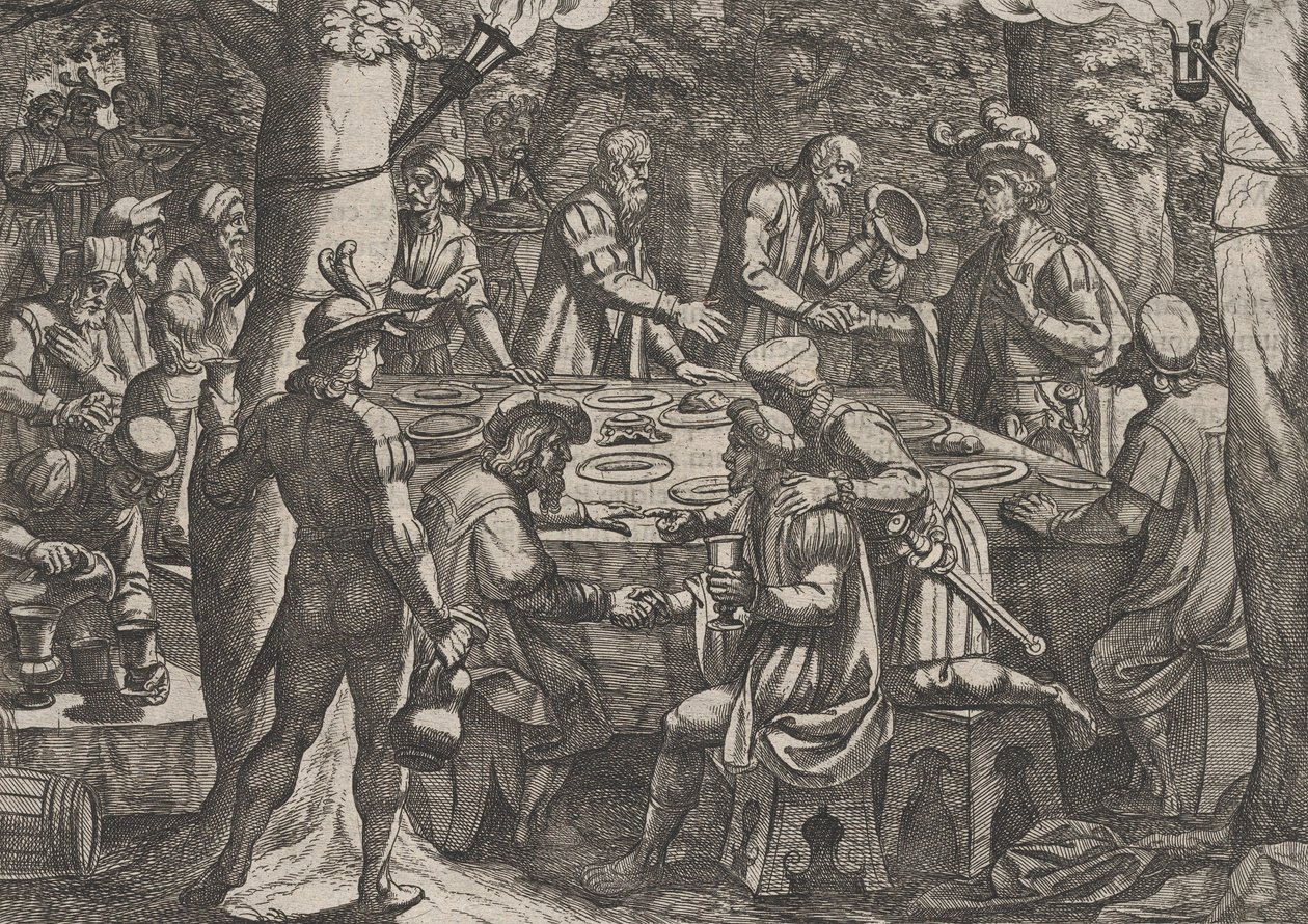 Platte 4: Civilis erzählt den niederländischen Ältesten, dass sie wie Sklaven von den Römern behandelt werden, 1611 von Antonio Tempesta
