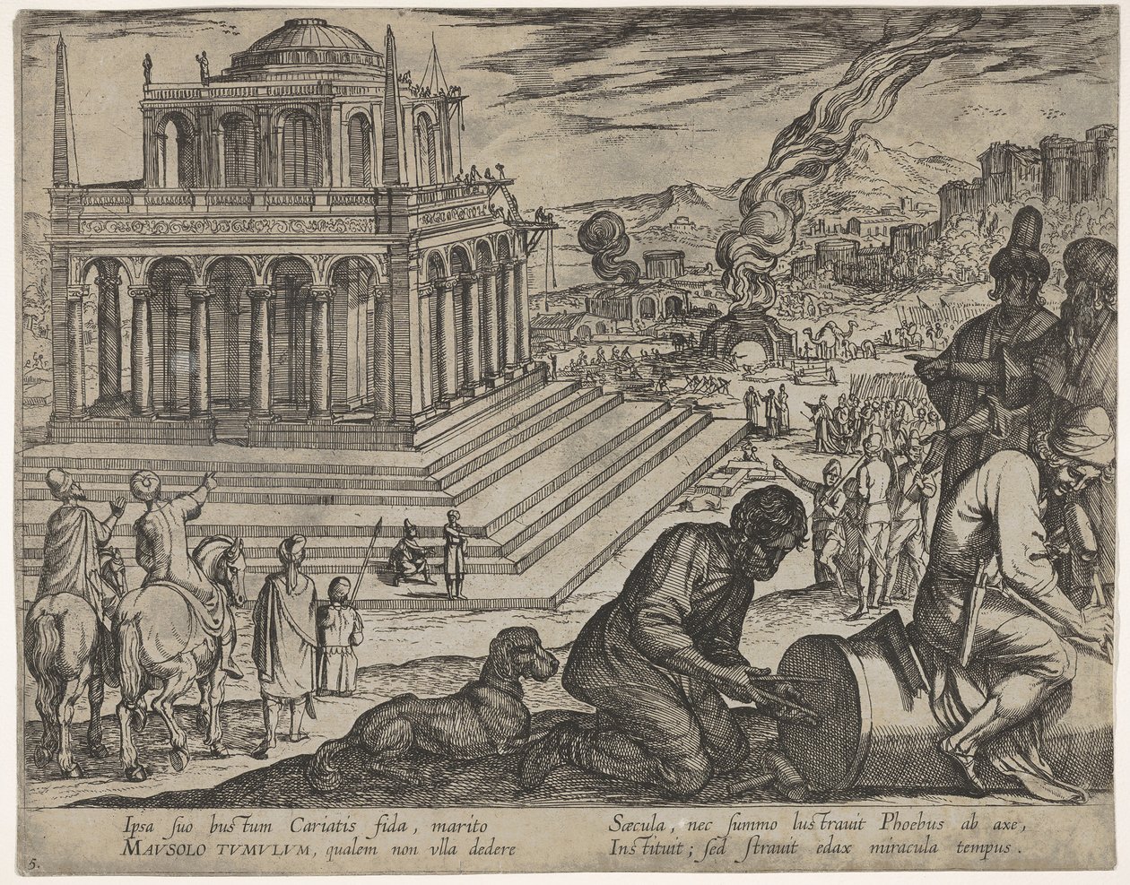 Platte 5: Grabmal des Mausolos, Steinmetze fertigen rechts eine Säule an, aus Die sieben Wunder..., 1608 von Antonio Tempesta