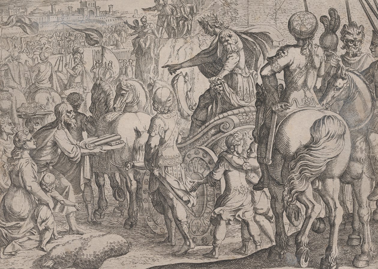 Tafel 9: Alexanders triumphaler Einzug in Babylon, aus Die Taten Alexanders des Großen, ..., 1608 von Antonio Tempesta