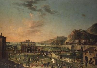 Ein Capriccio-Panorama der Reise von Karl III., König der beiden Sizilien, von seiner Villa in Portici zum Palazzo Farnese in Rom von Antonio de dipi (attr. to) Joli