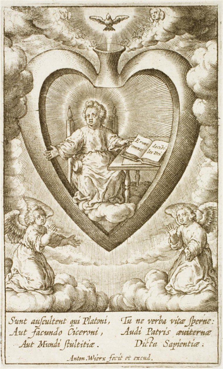 Das Jesuskind sitzt im heiligen Herzen mit einem offenen Buch von Antonius Wierix (II)