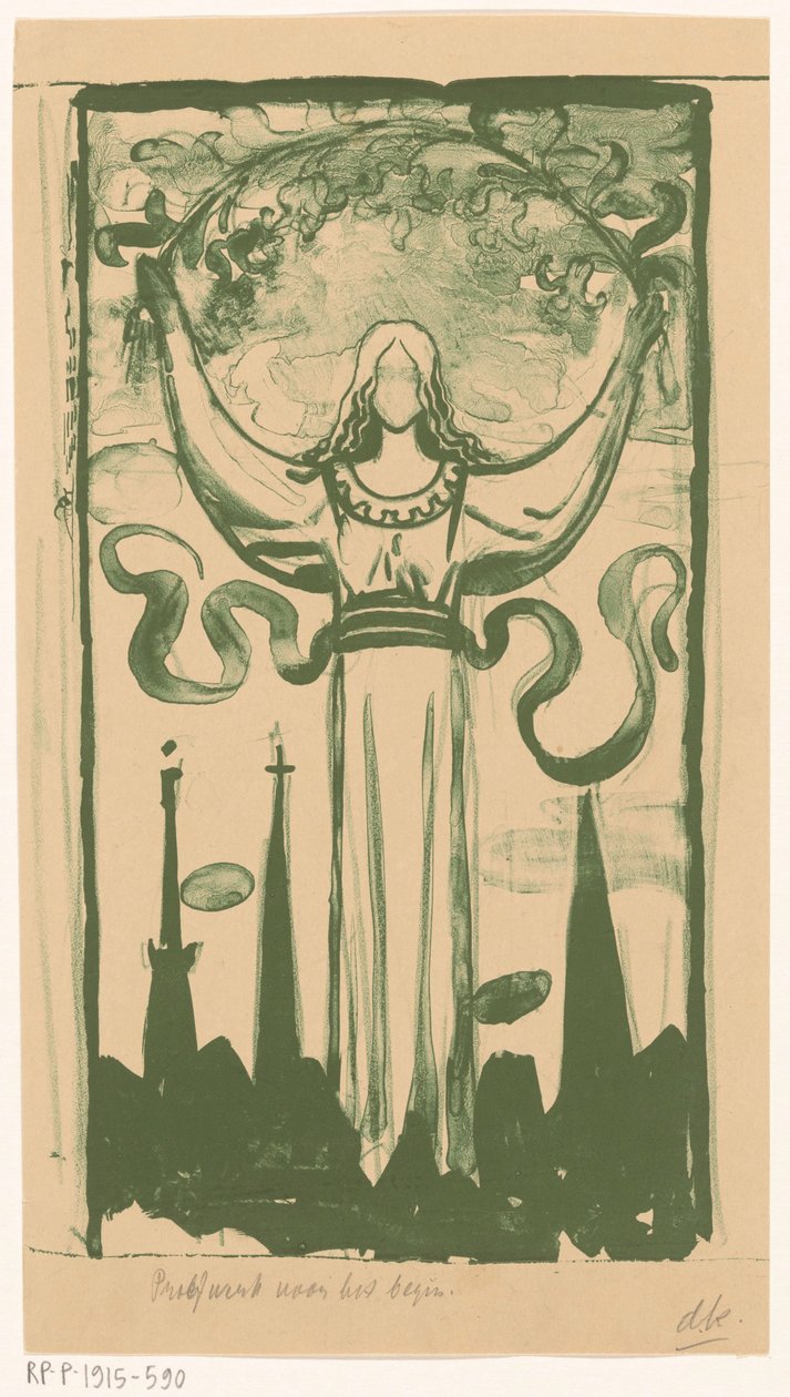 Frauenfigur, die einen Zweig mit Blumen über ihrem Kopf hält von Antoon Derkinderen (signed by artist)