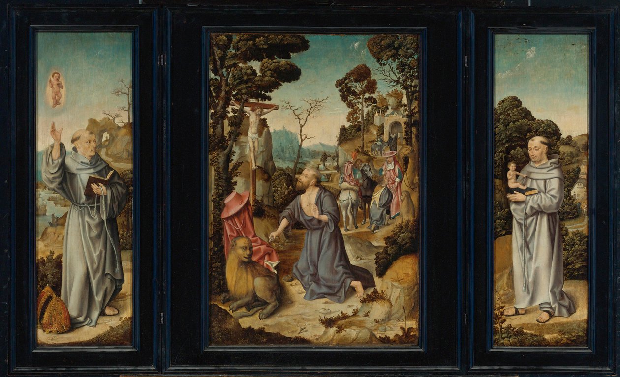 Ein Triptychon: Szenen aus dem Leben des hl. Hieronymus, des hl. Antonius von Padua, des hl. Bernhard von Clairvaux von Antwerp School c. 1525 3