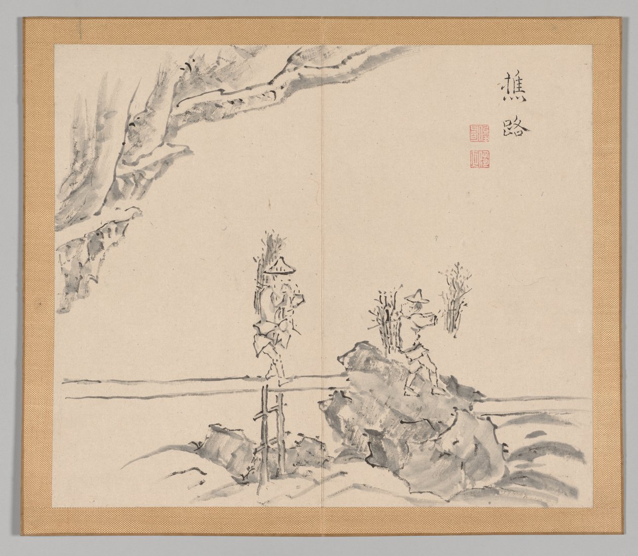 Doppelalbum mit Landschaftsstudien nach Ikeno Taiga, Band 1 Blatt 32, 18. Jahrhundert von Aoki Shukuya