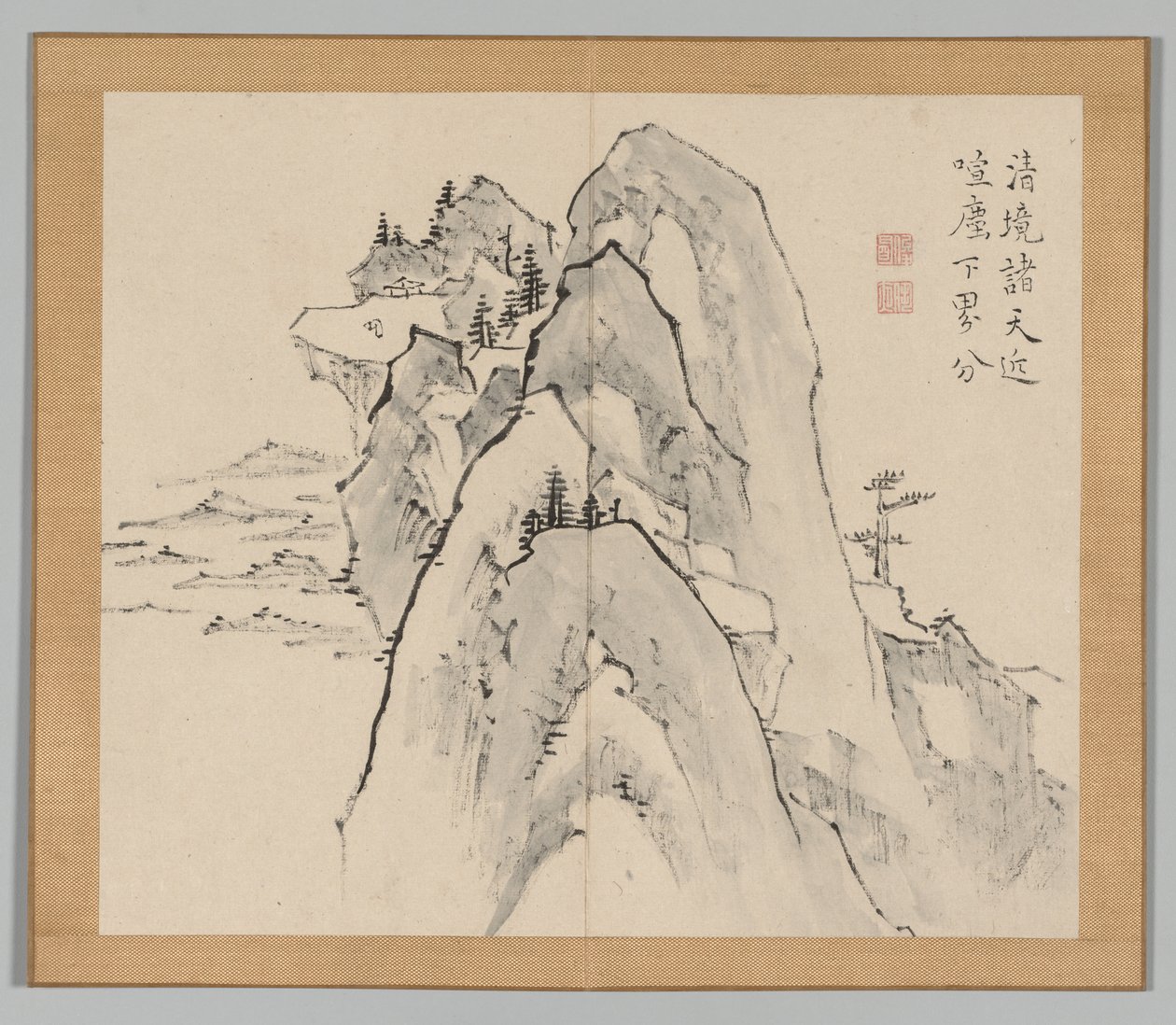 Doppelalbum mit Landschaftsstudien nach Ikeno Taiga, Band 2 Blatt 33, 18. Jahrhundert von Aoki Shukuya
