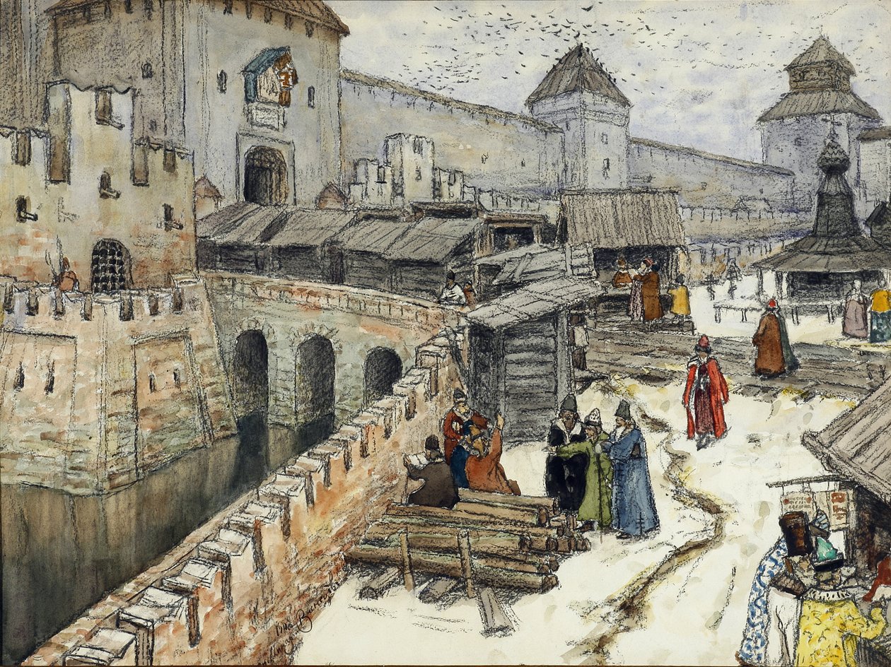 Moskau im 17. Jahrhundert. Buchläden auf der Christus-Erlöser-Brücke, 1902 von Apollinari Mikhailovich Vasnetsov