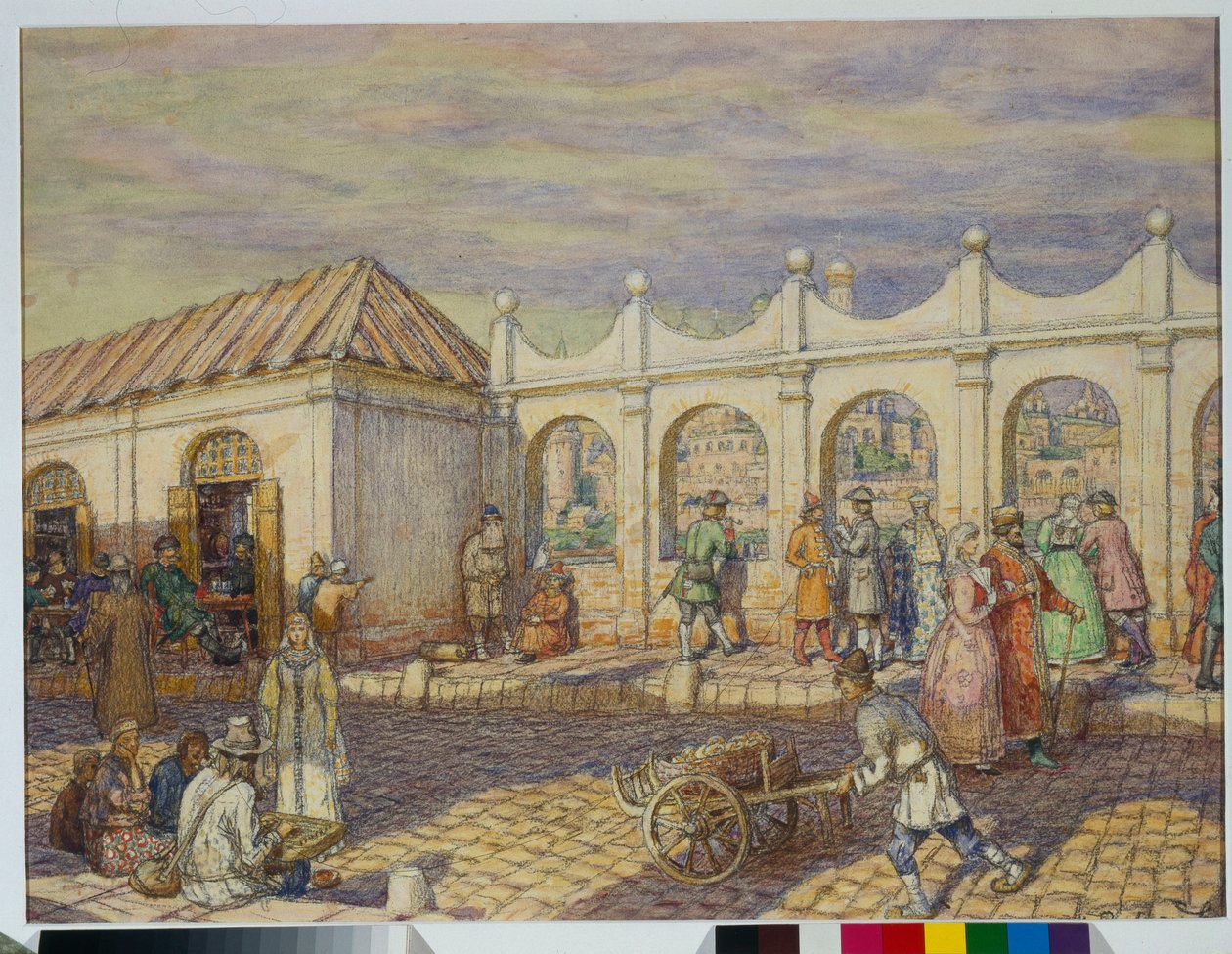 Straßenszene auf der Steinbrücke (Brücke aller Heiligen) in Moskau zur Zeit von Peter dem Großen von Apollinari Mikhailovich Vasnetsov