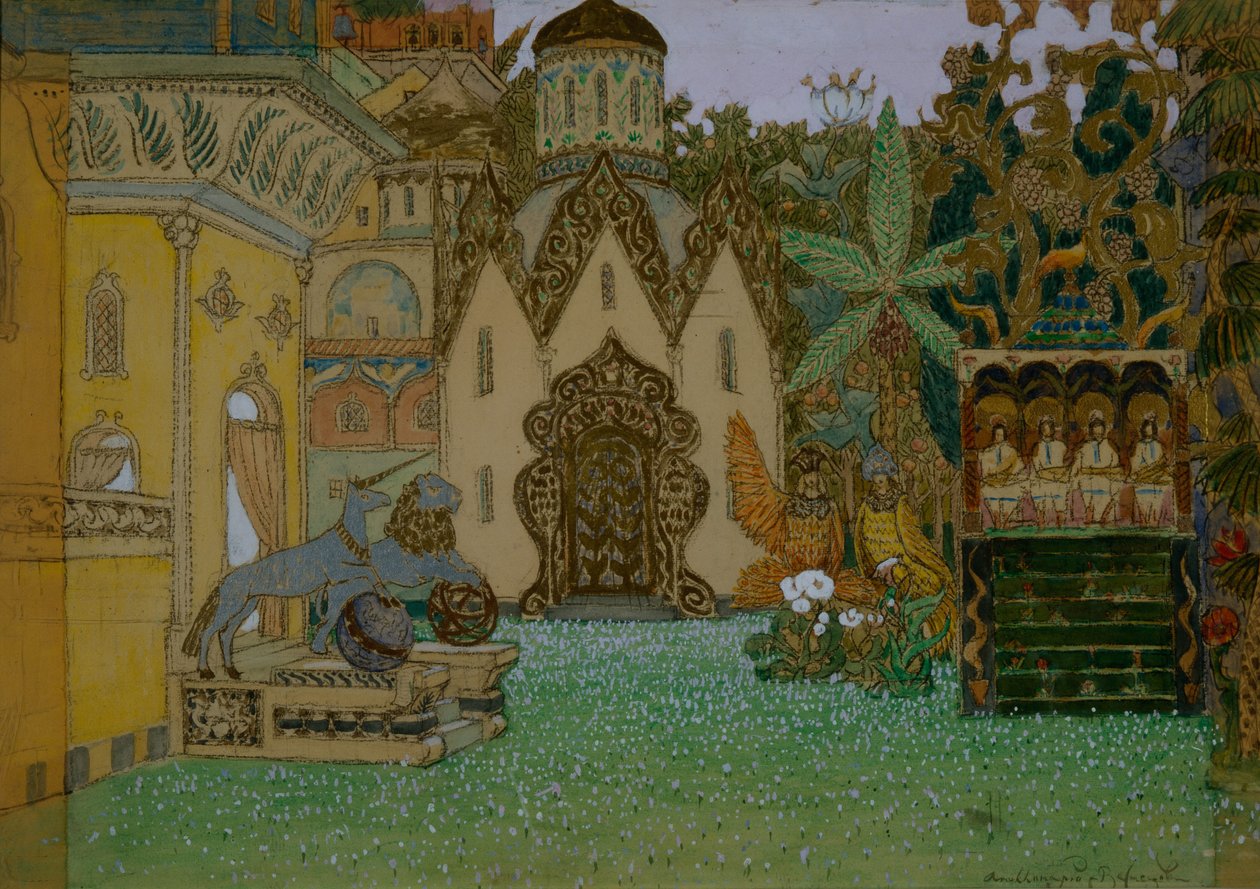 Bühnenbild für die Oper Die Legende von der unsichtbaren Stadt Kitesch und der Jungfrau Fewronija von N. Rimski-Korsakow, 1907 von Apollinari Mikhailovich Vasnetsov