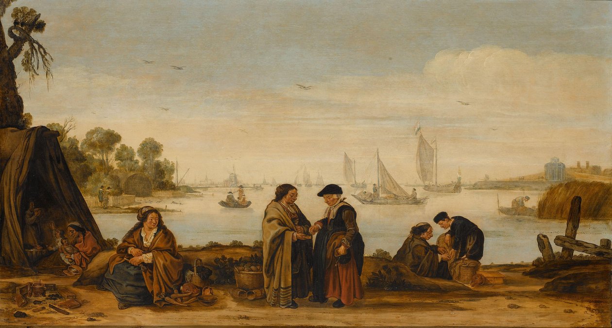 Flusslandschaft mit Frauen, die die Hand lesen von Arent Arentsz