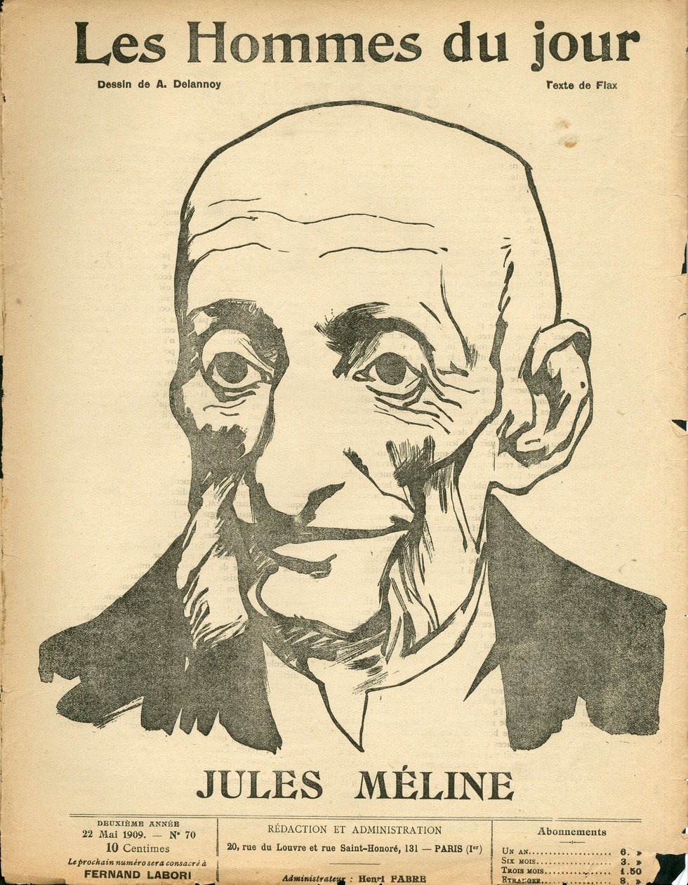 Titelblatt von „Les Hommes du jour“, Satirisch in Schwarz-Weiß von Aristide Delannoy