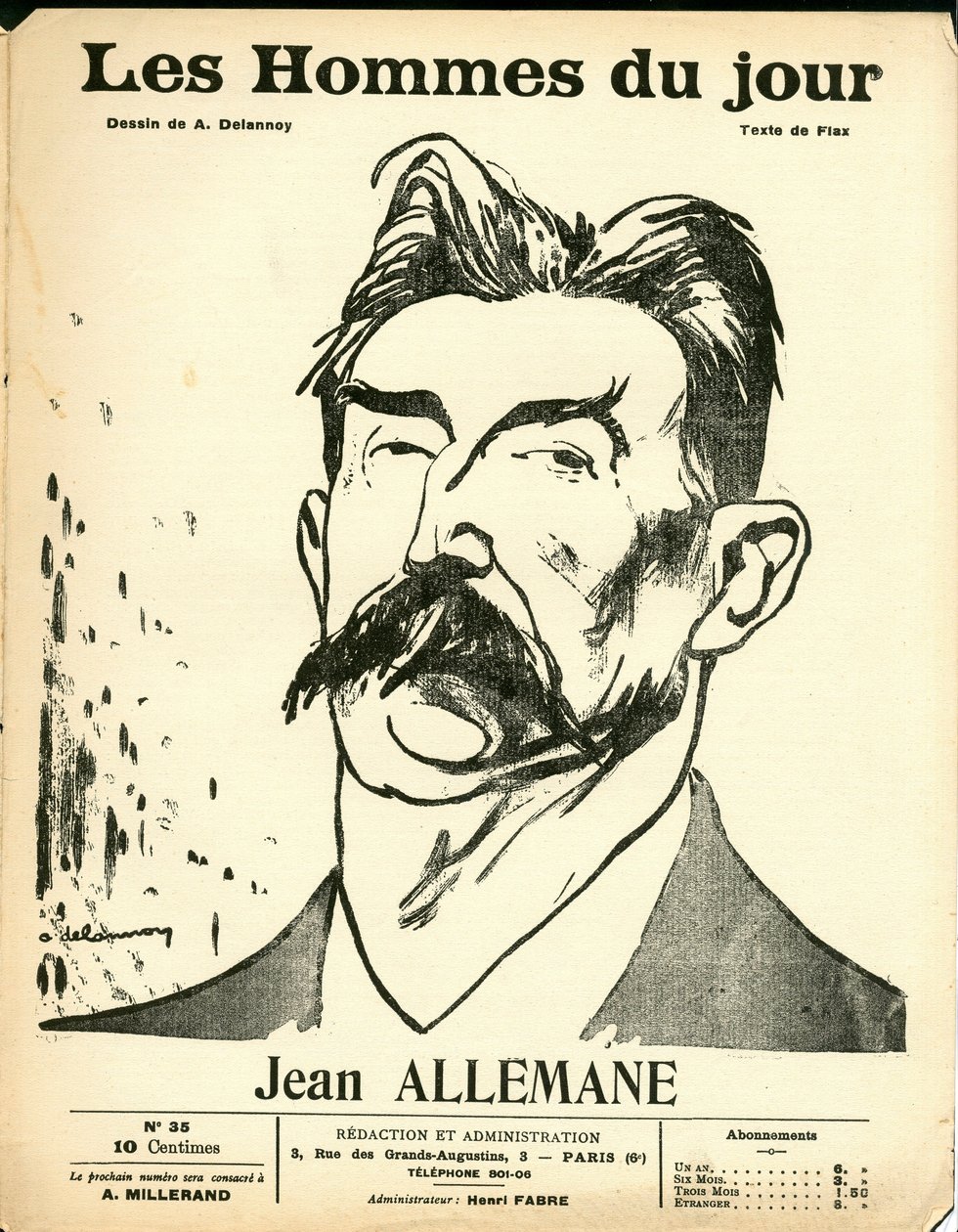 Cover von „Les Hommes du jour“, Satirisch in Schwarz-Weiß von Aristide Delannoy