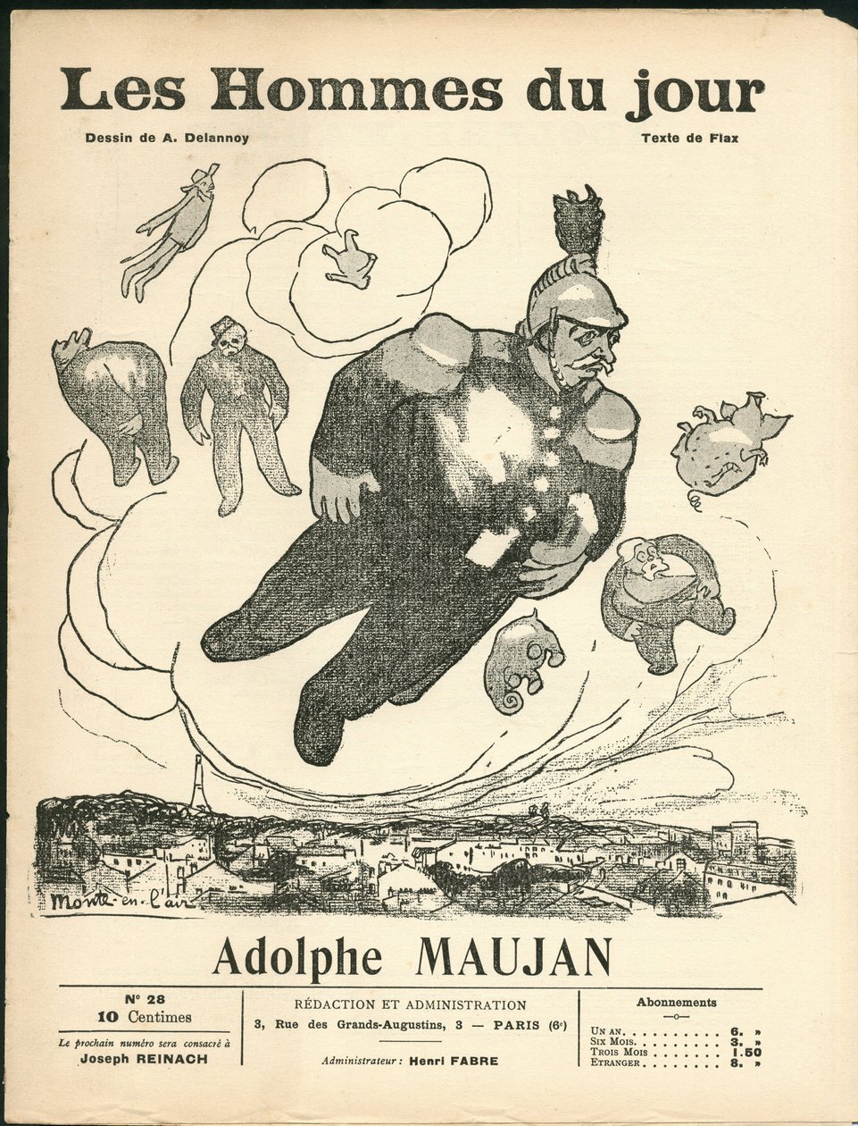 Titelblatt von „Les Hommes du jour“, ca. 1905 - Illustration von Aristide Delannoy: Luftballons - Clemenceau George, Jaures Jean, Fallieres Armand, Maujan Adolphe von Aristide Delannoy