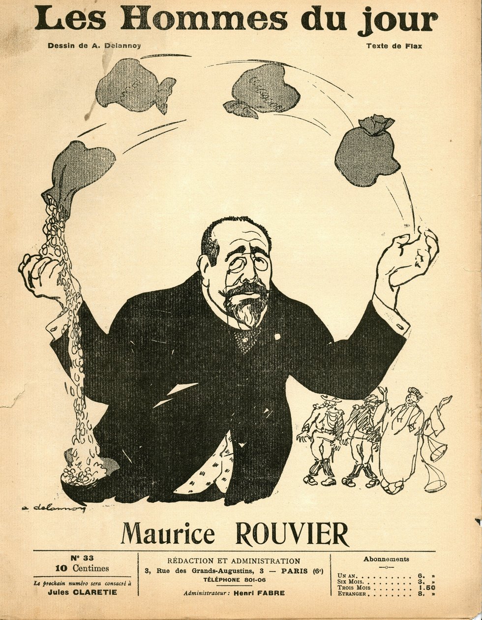 Titelblatt von „Les Hommes du jour“, ca. 1906 - Illustration von Aristide Delannoy: Silber - Rouvier Maurice - Jonglieren von Aristide Delannoy