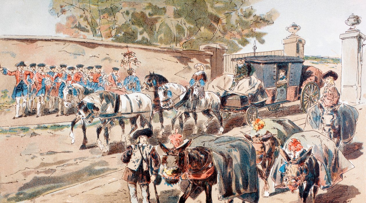 Eine Postkutsche, die einen ummauerten Hof betritt und zwischen einer Band und einem Eselzug hindurchfährt von Armand Jean Heins