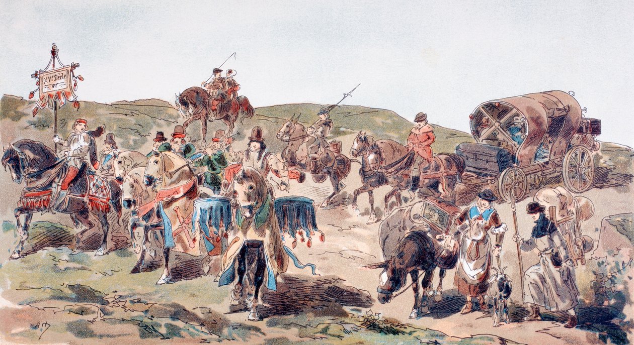 Ein Wagen, der im 15. Jahrhundert mit Eskorte reist, 1886 von Armand Jean Heins