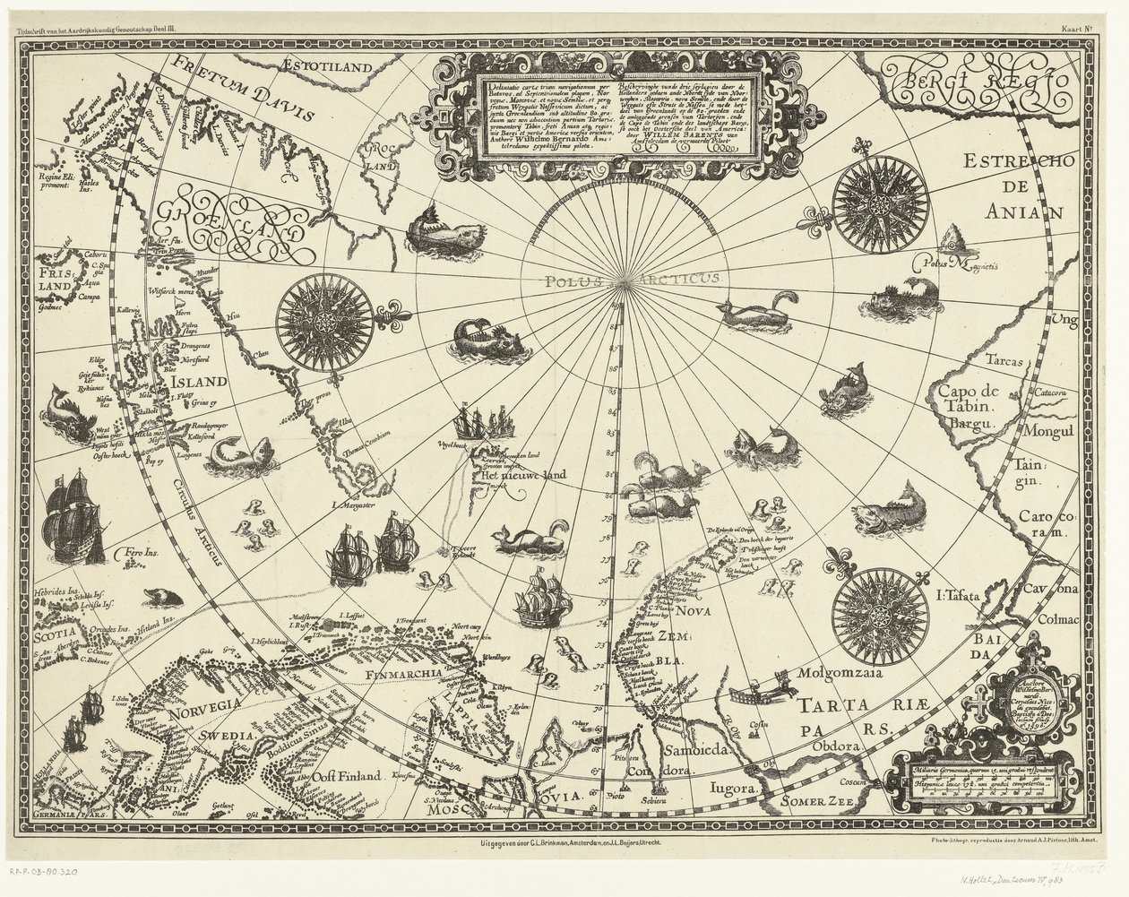 Karte der Länder rund um den Polarkreis mit den drei Reisen der Niederländer, 1598 von Arnaud A.J. Pistoor