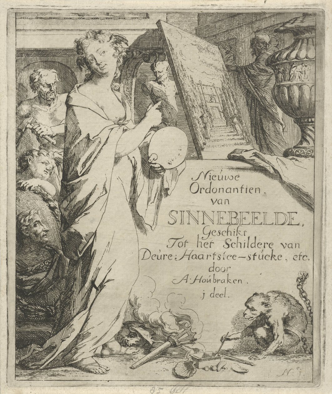 Frauenfigur mit Palette, die auf ein Gemälde zeigt von Arnold Houbraken