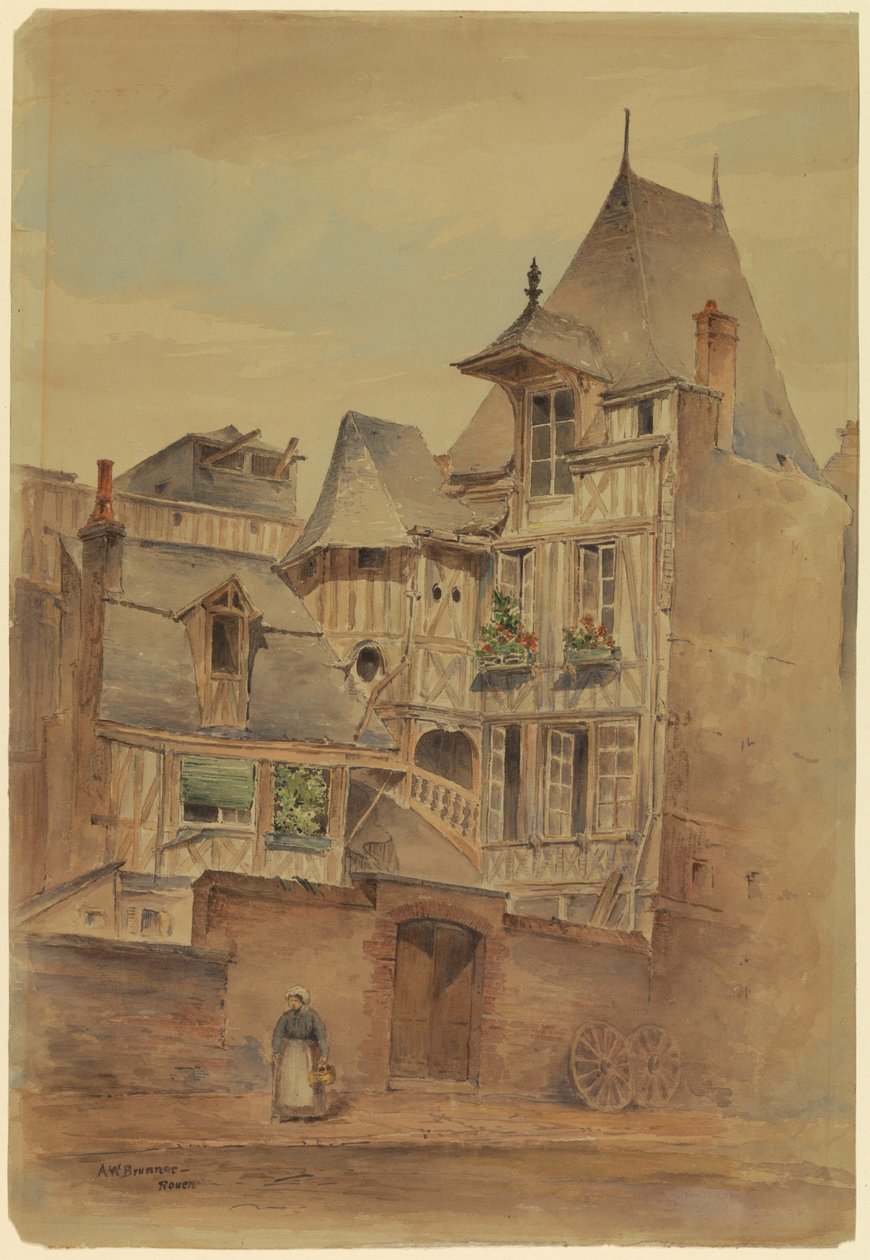 Zeichnung, Straßenszene mit mittelalterlichen Häusern, ca. 1885 von Arnold William Brunner