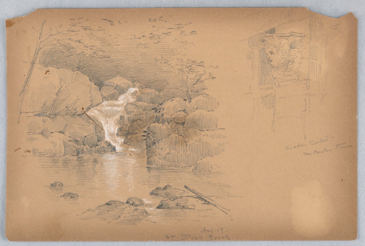 Zwei Skizzen, Kragstein und Wasserfall von Arnold William Brunner