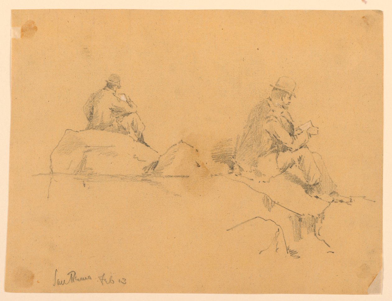 Zwei Skizzen eines sitzenden Mannes auf Felsen in San Remo von Arnold William Brunner