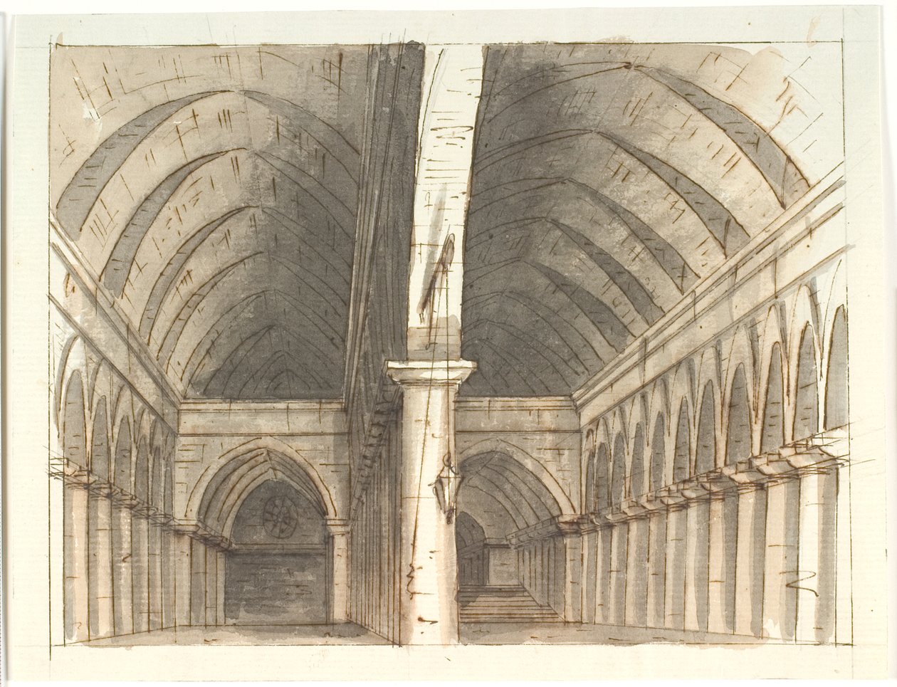 Innenraum des Erdgeschosses einer Kirche (?) mit Säulen und Gewölben von Aron Wallick