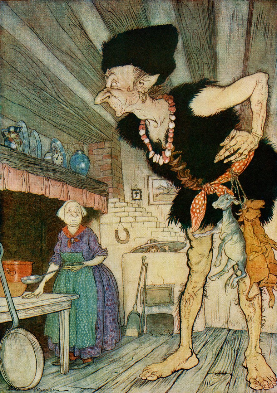 Fee fi fo fum ich rieche das Blut eines Engländers, Illustration aus Jack und die Bohnenranke, aus Englische Märchen nacherzählt von F.A. Steel, 1927 von Arthur Rackham