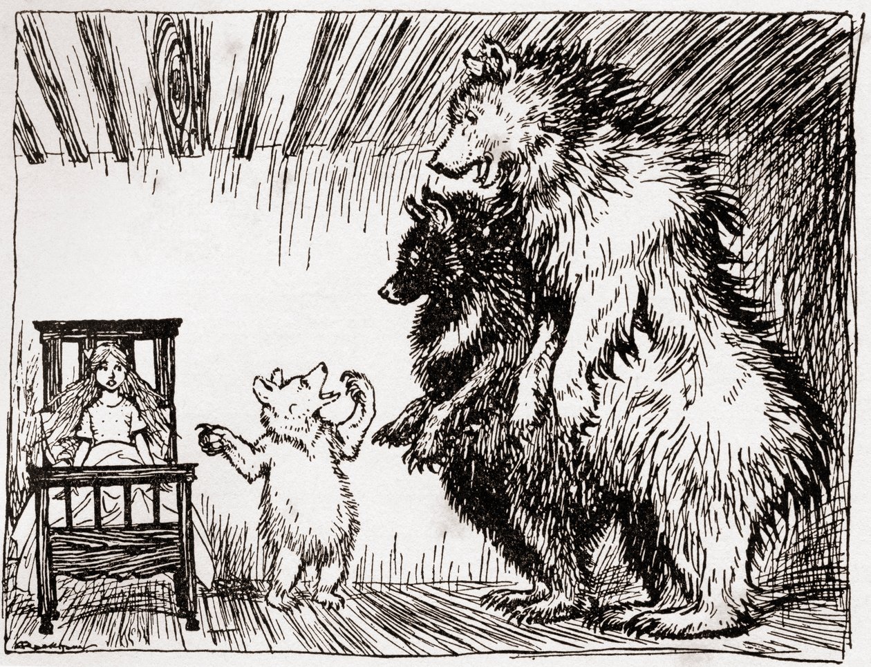Jemand hat in meinem Bett gelegen, und hier ist sie, Illustration zu Goldlöckchen und die drei Bären, aus Englische Märchen nacherzählt von F.A. Steel, 1927 von Arthur Rackham