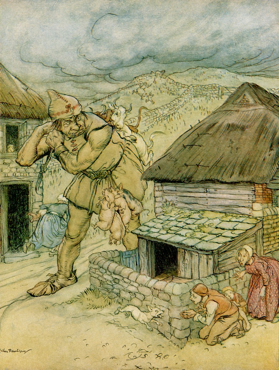 Der Riese Cormoran war der Schrecken der ganzen Gegend, Illustration zu Jack der Riesen-Killer, aus Englische Märchen nacherzählt von F.A. Steel, 1927 von Arthur Rackham