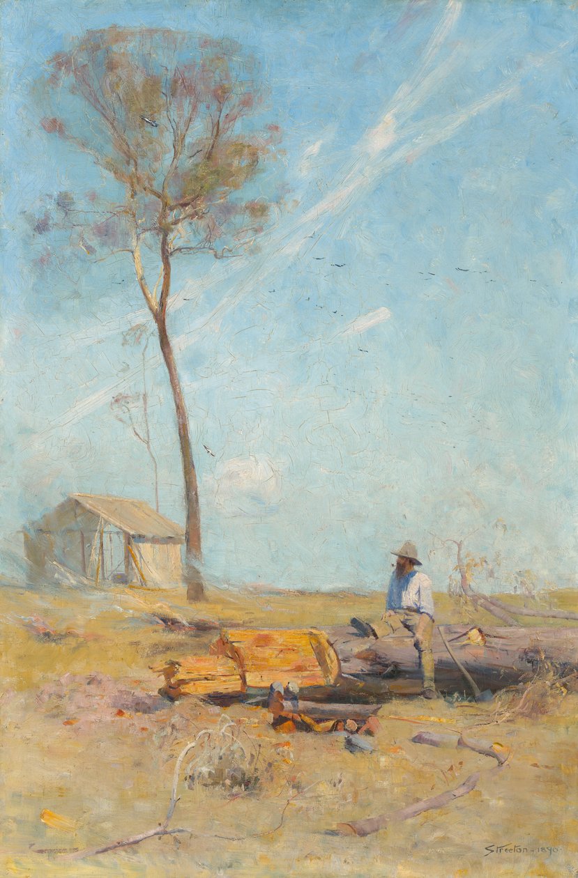 Die Hütte des Selektors (Whelan auf dem Baumstamm) von Arthur Streeton