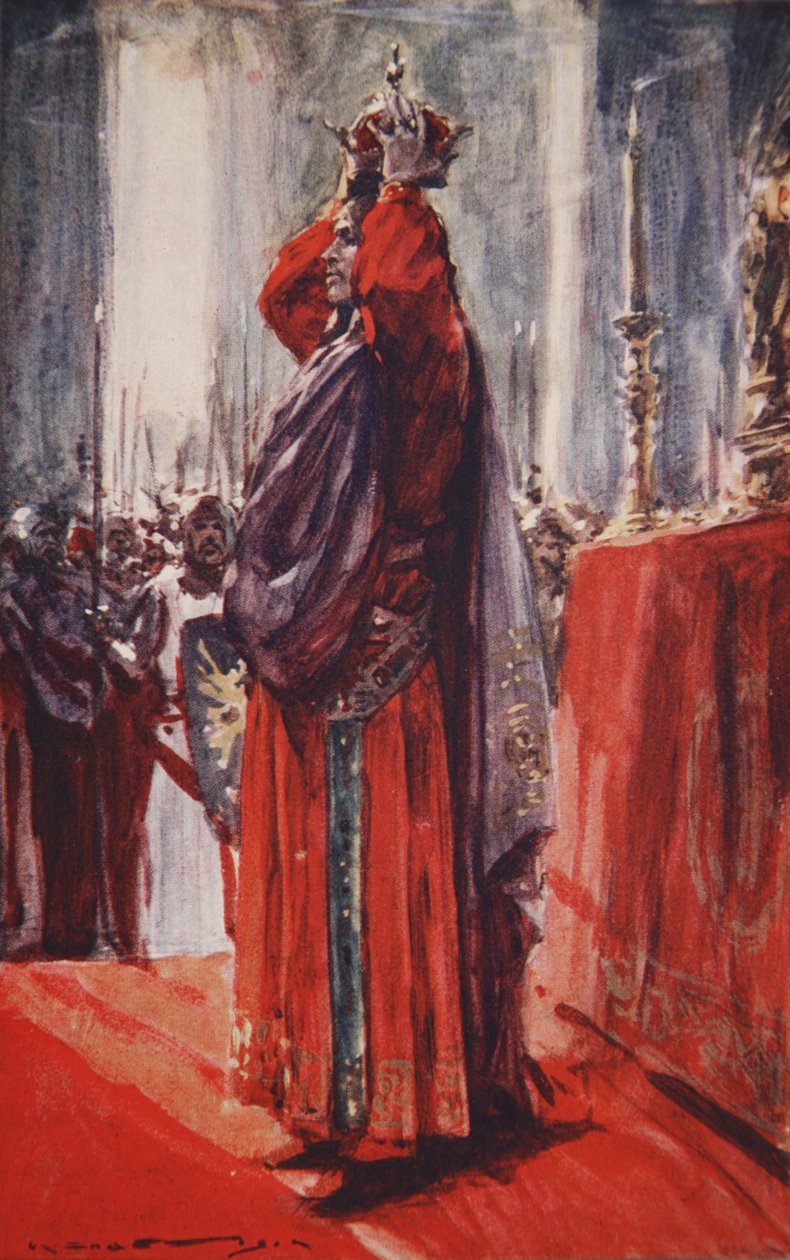 Er erreichte den Altar, wo die Krone lag: Er hob sie auf und setzte sie auf seinen Kopf, Illustration aus 