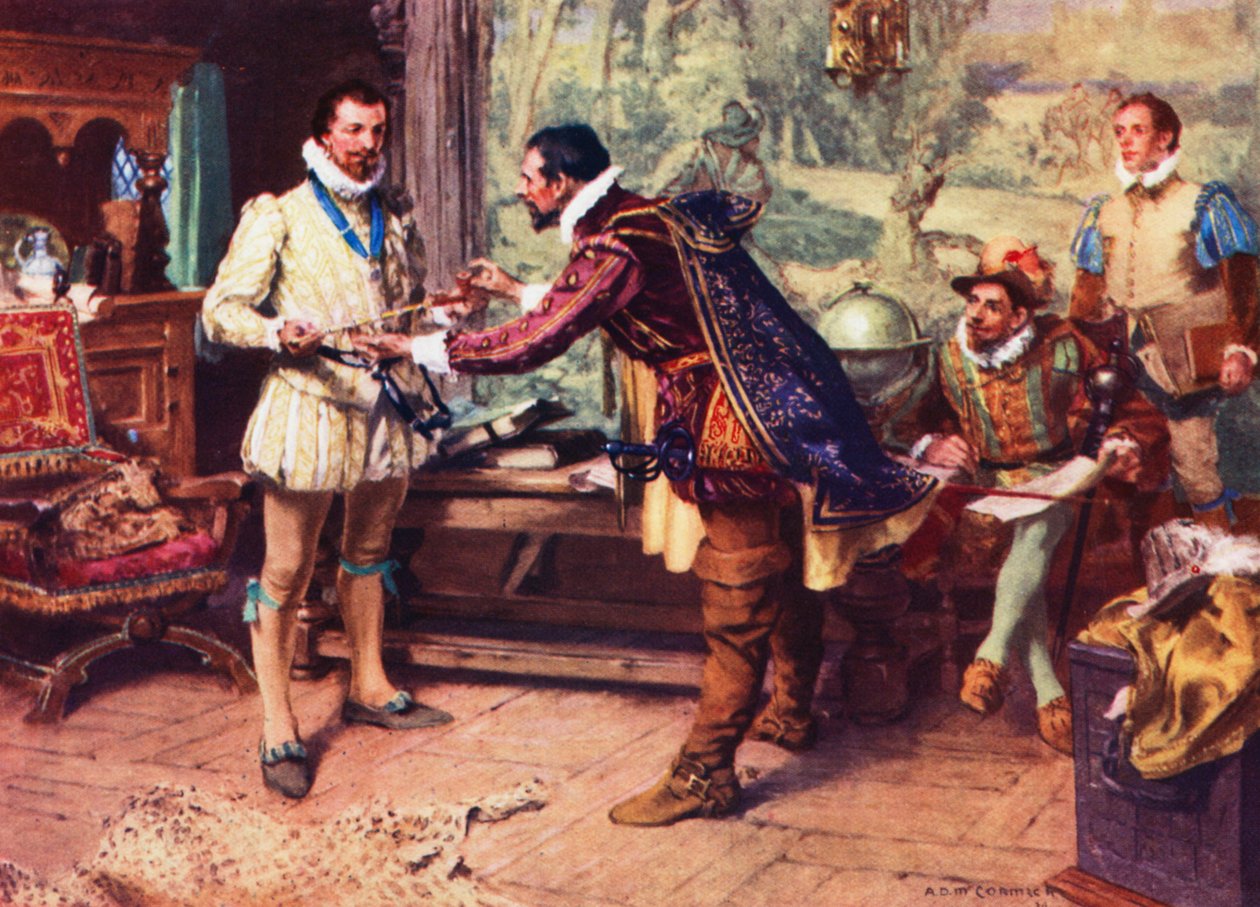 Ralph Lane, erster Gouverneur von Virginia, überreicht Sir Walter Raleigh 1586 eine Indianerpfeife von Arthur David (after) McCormick