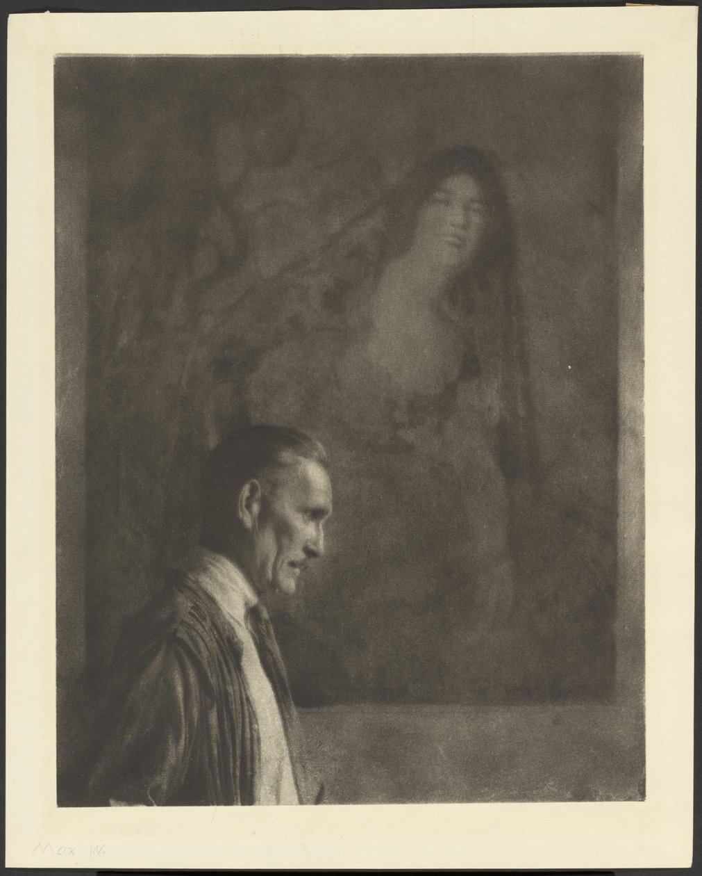 Mann mit kleinem, gepflegtem Schnurrbart im Profil vor einem Gemälde einer Frau in spanischem Kostüm von Arthur F. Kales