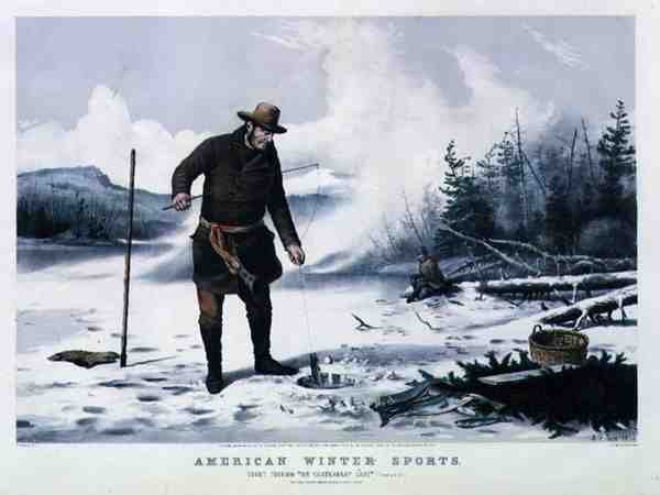 Amerikanische Wintersportarten: Forellenfischen am Chateaugay-See, veröffentlicht von Currier & Ives von Arthur Fitzwilliam (after) Tait