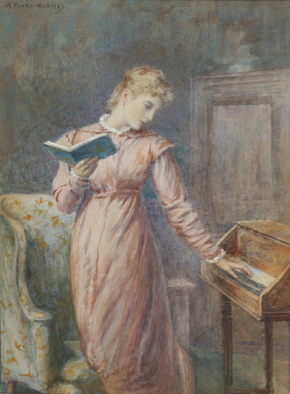 Eine Dame liest beim Spielen des Spinett von Arthur Foord Hughes