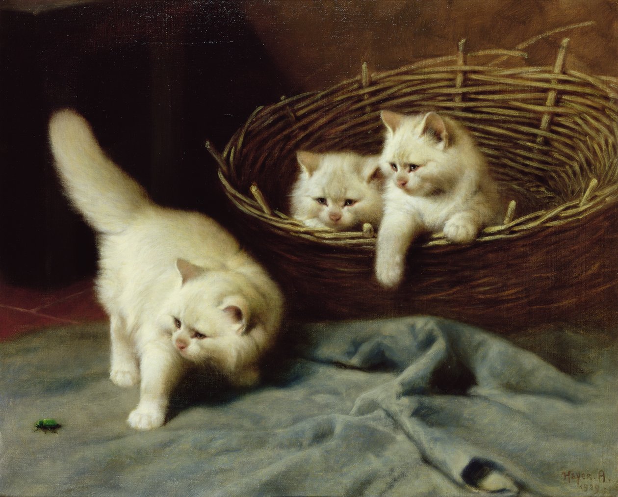 Weiße Angorakätzchen mit einem Käfer, 1929 von Arthur Heyer