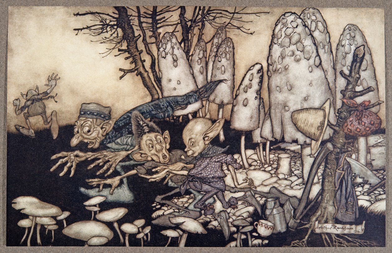 Eine Gruppe von Arbeitern, die einen Pilz absägten, rannte davon und ließ ihre Werkzeuge zurück, aus Peter Pan in Kensington Gardens von J M Barrie, veröffentlicht 1906 von Arthur Rackham
