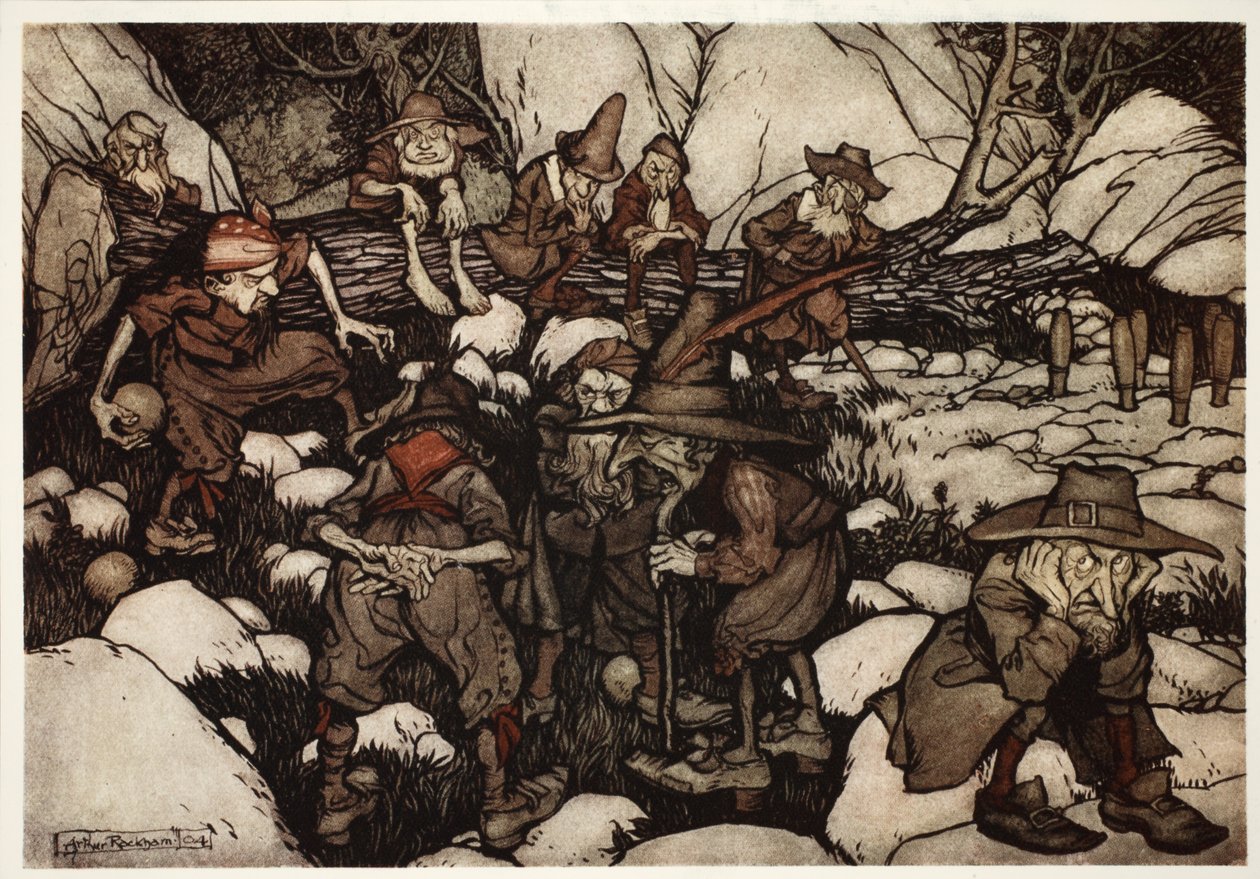 Eine Gesellschaft seltsam aussehender Personen, die Kegeln spielen., aus Rip Van Winkle von Washington Irving, veröffentlicht 1910 von Arthur Rackham