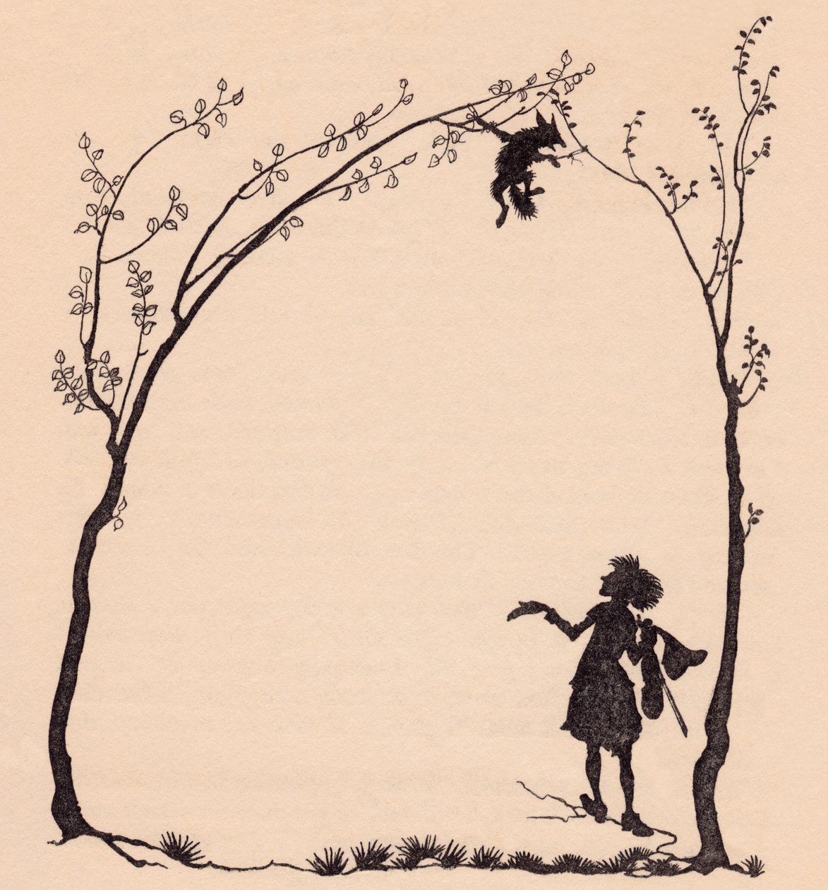 Ein Fuchs, der mit seinen Pfoten an zwei Haselbäume gebunden ist. Illustration von Arthur Rackham aus Grimms Märchen, Der wunderbare Musiker von Arthur Rackham