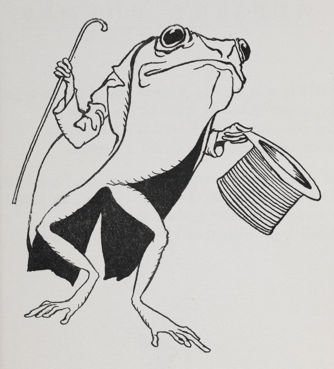 Ein Frosch mit Zylinder und Frack, der einen Stock trägt von Arthur Rackham