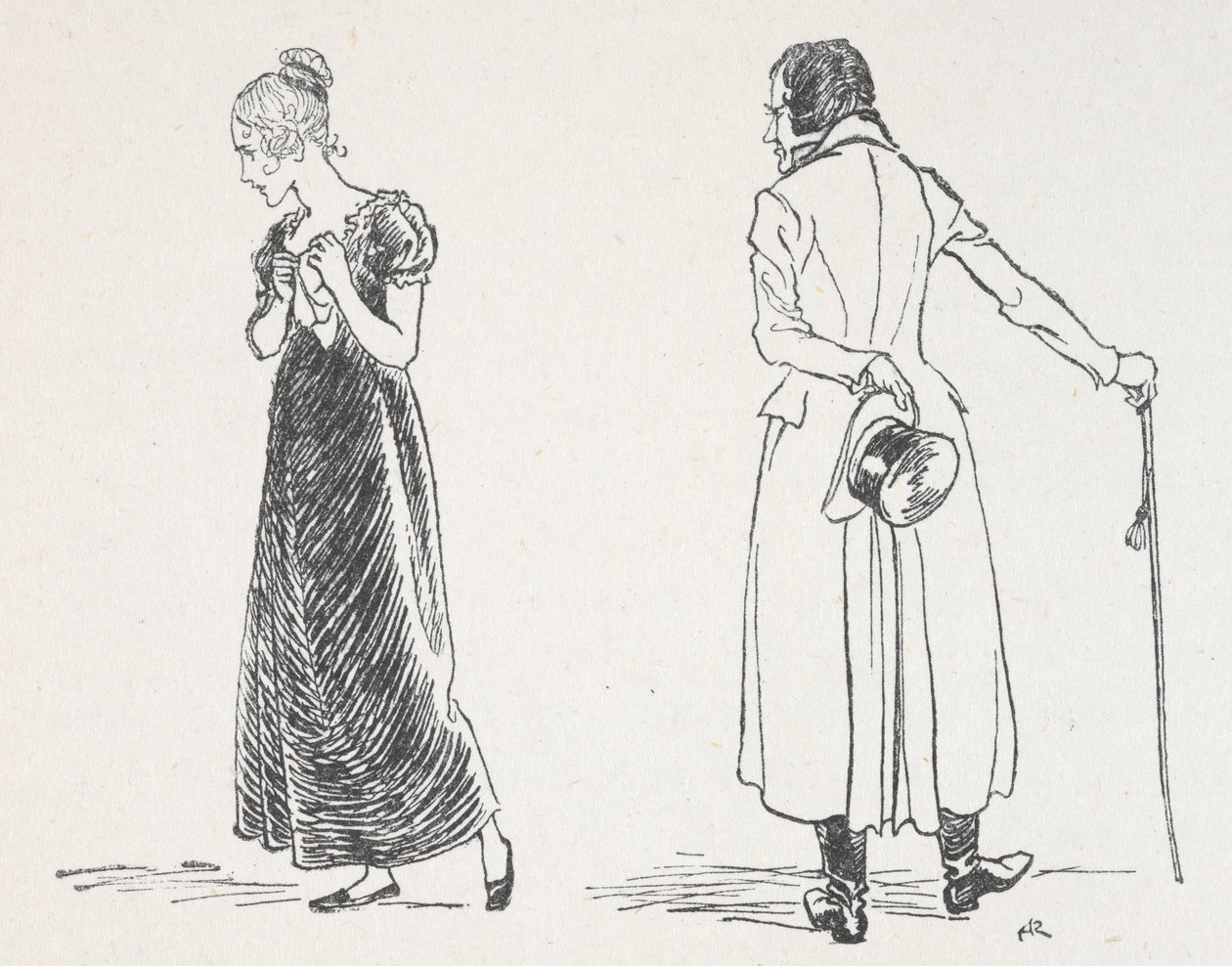 Ein junges Paar streitet, die Frau hat sich abgewandt und hält ein Taschentuch an ihre Brust von Arthur Rackham