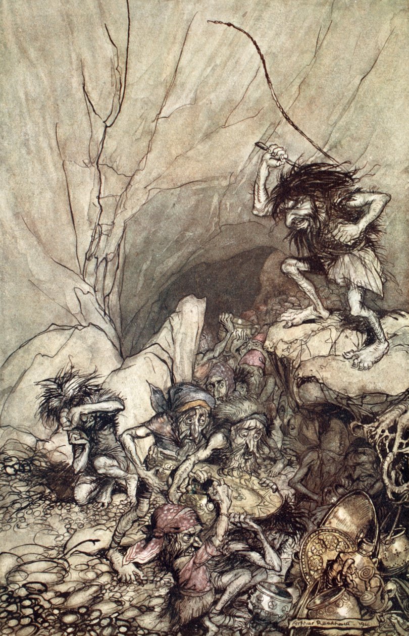 Alberich treibt eine Bande von Nibelungen mit Gold- und Silberschätzen an von Arthur Rackham