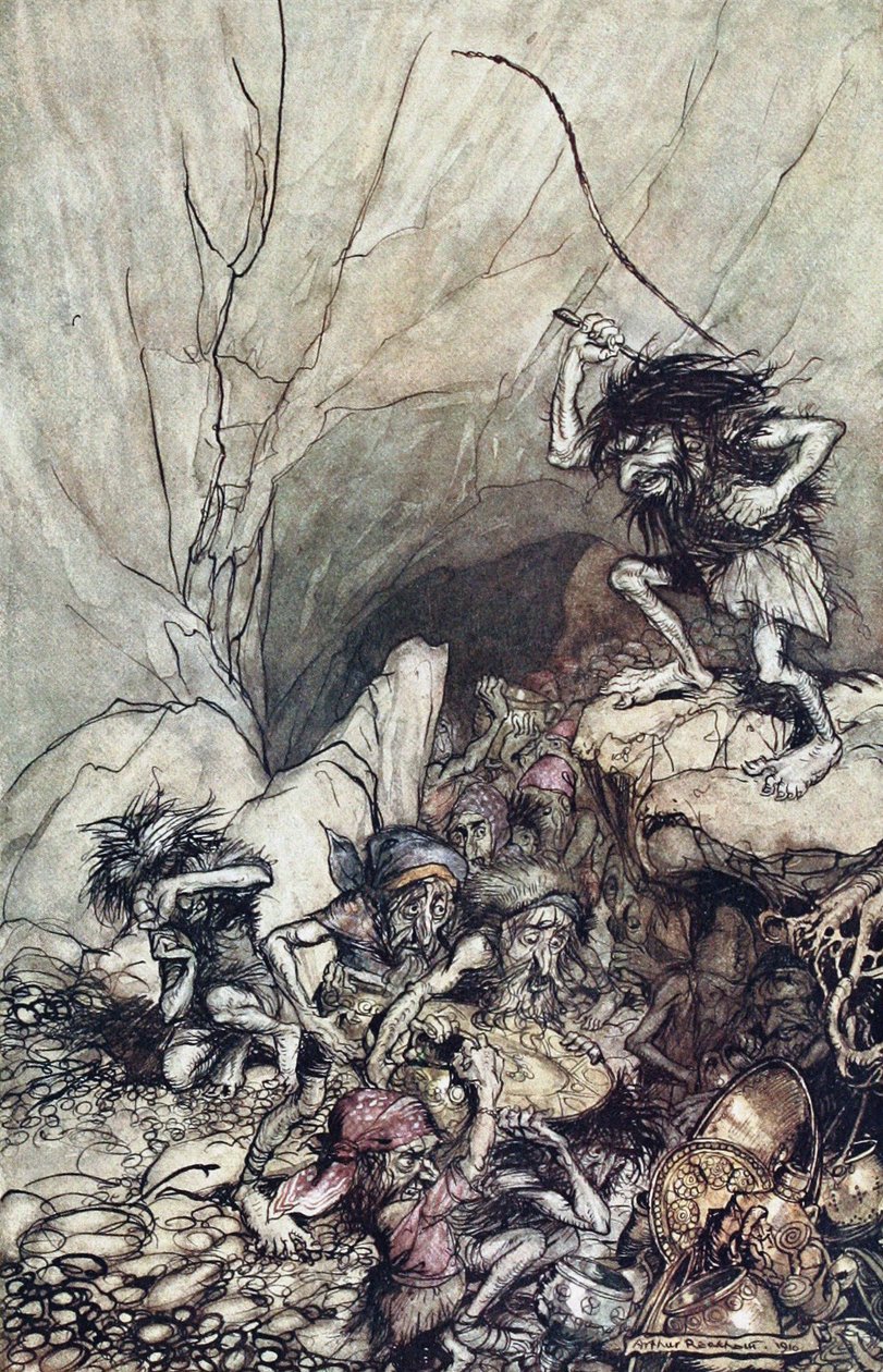 Alberich treibt eine Bande Nibelungen mit Gold- und Silberschätzen. Illustration für Das Rheingold von Arthur Rackham