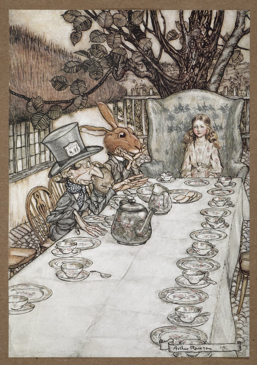 Alice bei der Teeparty des verrückten Hutmachers mit dem Märzhasen, dem Schlafmaus und dem verrückten Hutmacher von Arthur Rackham