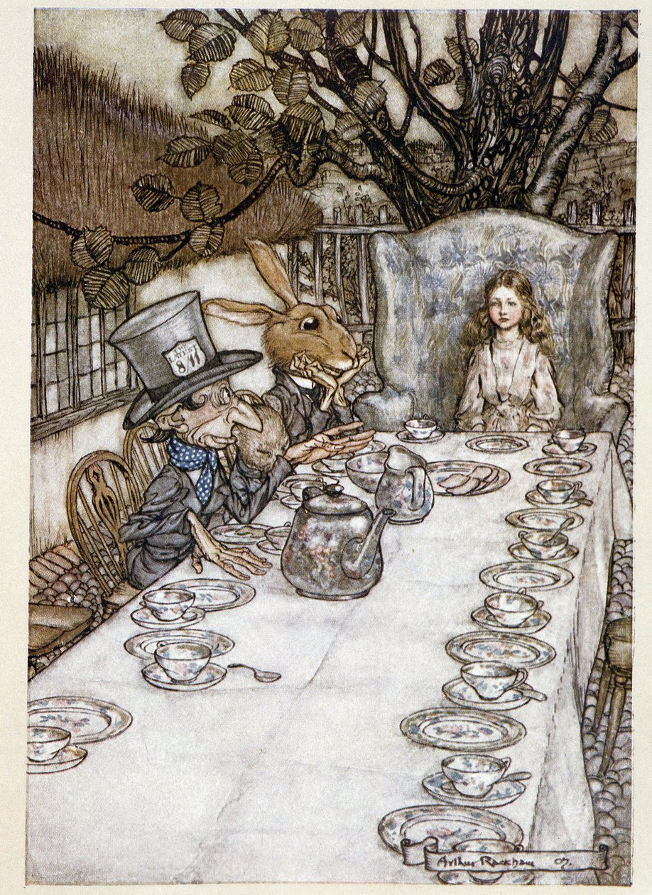 Alice nimmt den Hut und den Märzhasen - in „Die Abenteuer von Alice im Wunderland“, Lewis Carroll, ill. von Arthur Rackham (1867-1939) von Arthur Rackham