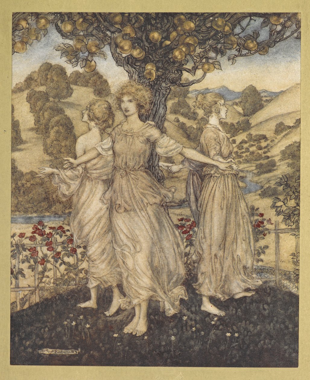 Mitten im schönen Garten von Hesperus und seinen drei Töchtern, die um den goldenen Baum singen von Arthur Rackham