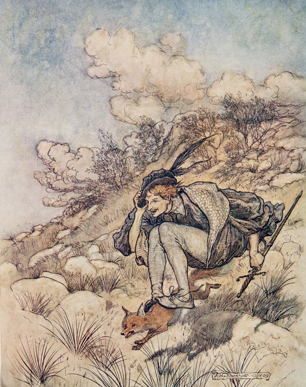 Sie flogen über Stock und Stein, so schnell, dass sein Haar im Wind pfiff, aus Die Märchen der Brüder Grimm, veröffentlicht 1909 von Arthur Rackham