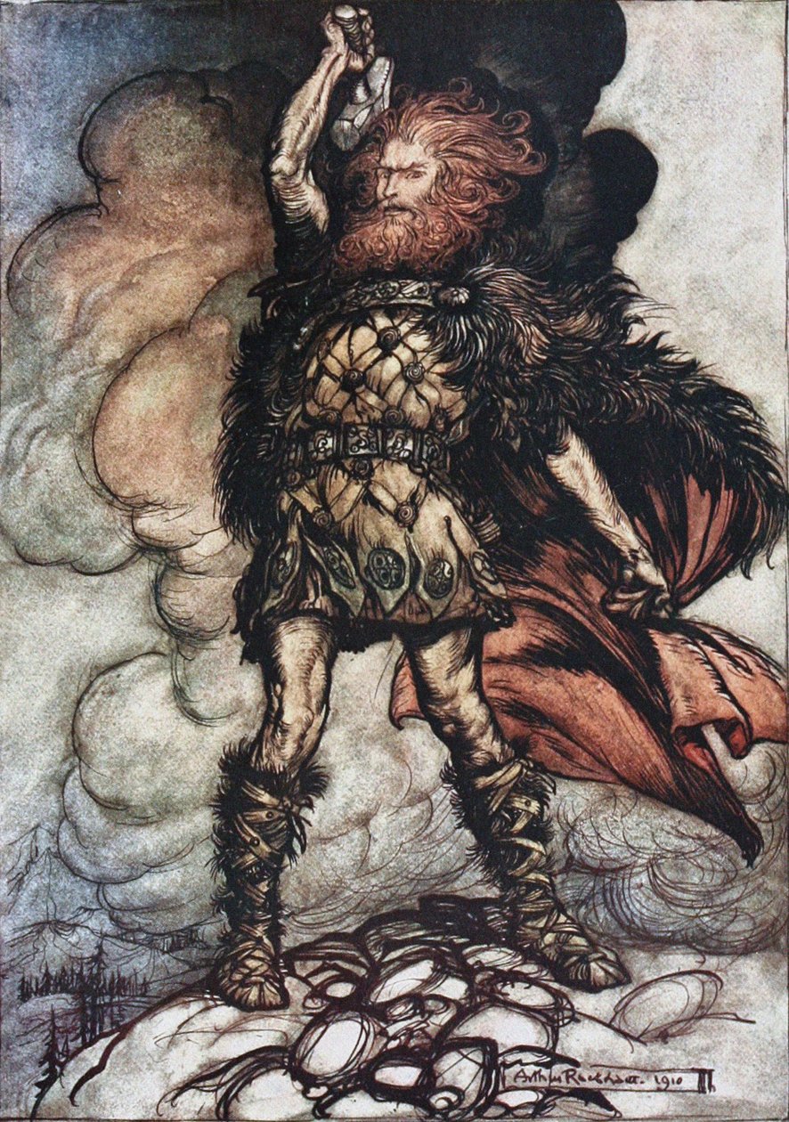 Donner, dein Herr, ruft seine Heerscharen! Illustration für Das Rheingold und Die Walküre von Richard W von Arthur Rackham